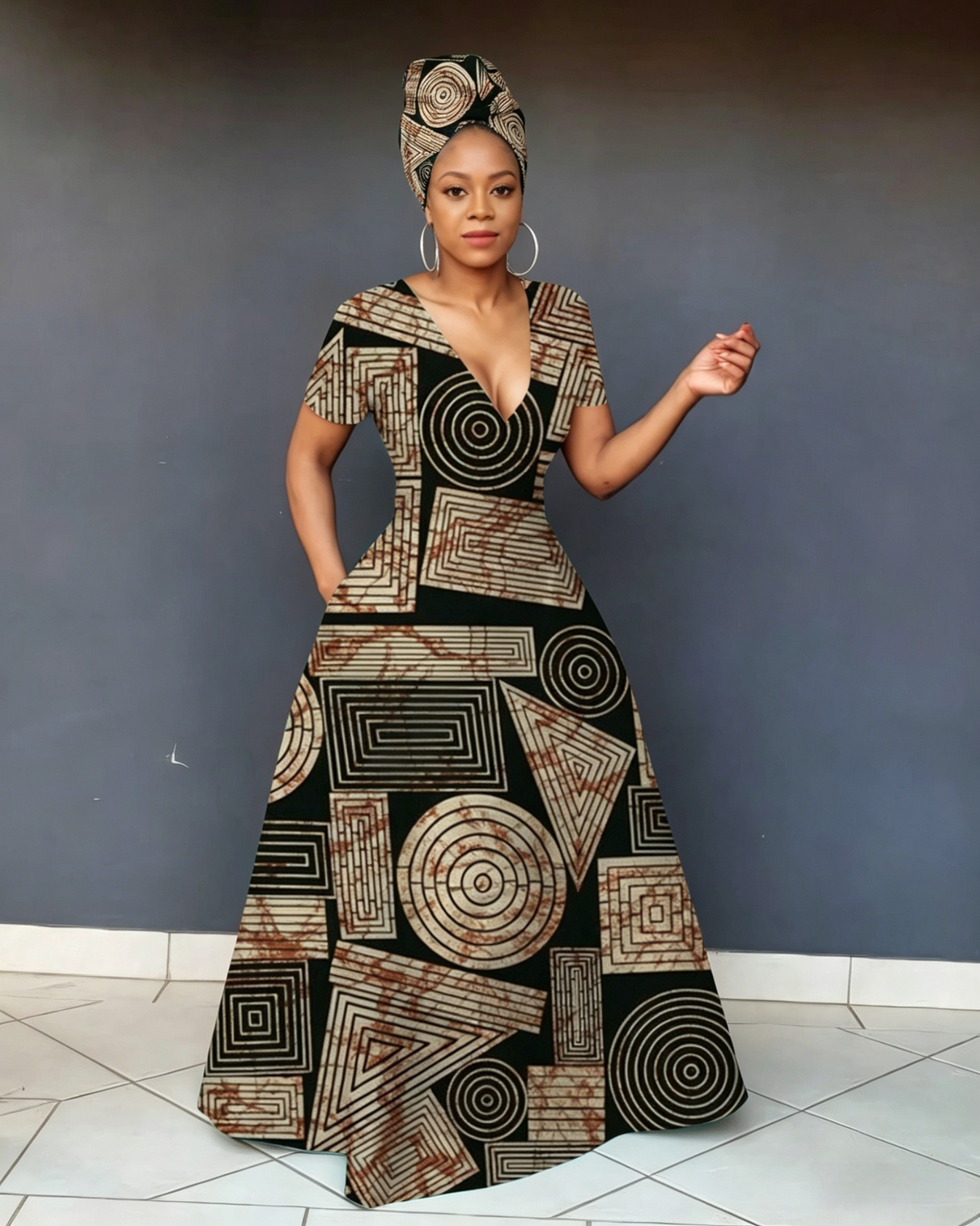 V Neck African Tribal Geometric Print Short Sleeve Maxi Dress