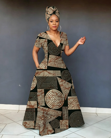 V Neck African Tribal Geometric Print Short Sleeve Maxi Dress