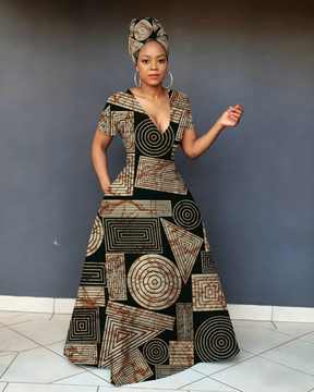 V Neck African Tribal Geometric Print Short Sleeve Maxi Dress