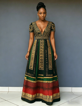 V Neck Gold Geometric Stripes Color Blocking Short Sleeve Pocket Maxi Dress