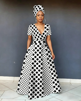 V Neck Polka Dot Stitching Casual Short Sleeve Maxi Dress