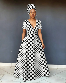 V Neck Polka Dot Stitching Casual Short Sleeve Maxi Dress