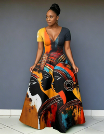 V Neck Retro Tribal Contrast Print Short Sleeve Maxi Dress