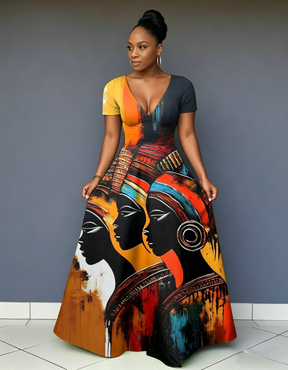 V Neck Retro Tribal Contrast Print Short Sleeve Maxi Dress