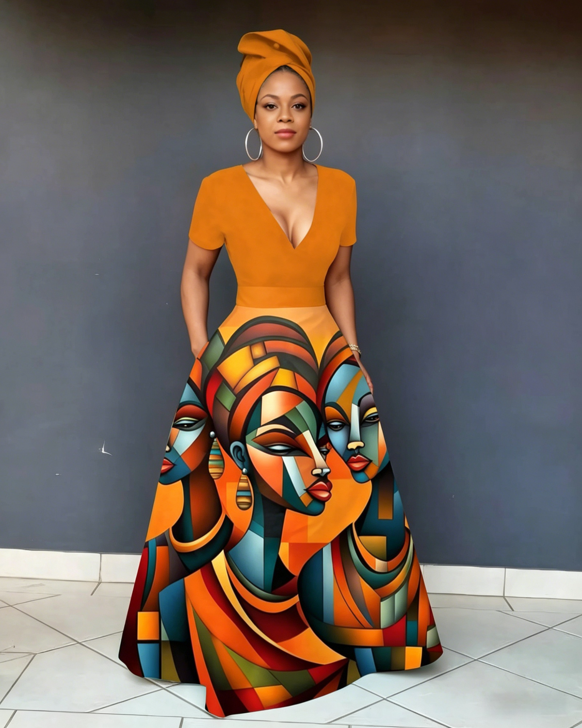 V Neck Striped Africa Map Print Short Sleeve Maxi Dress