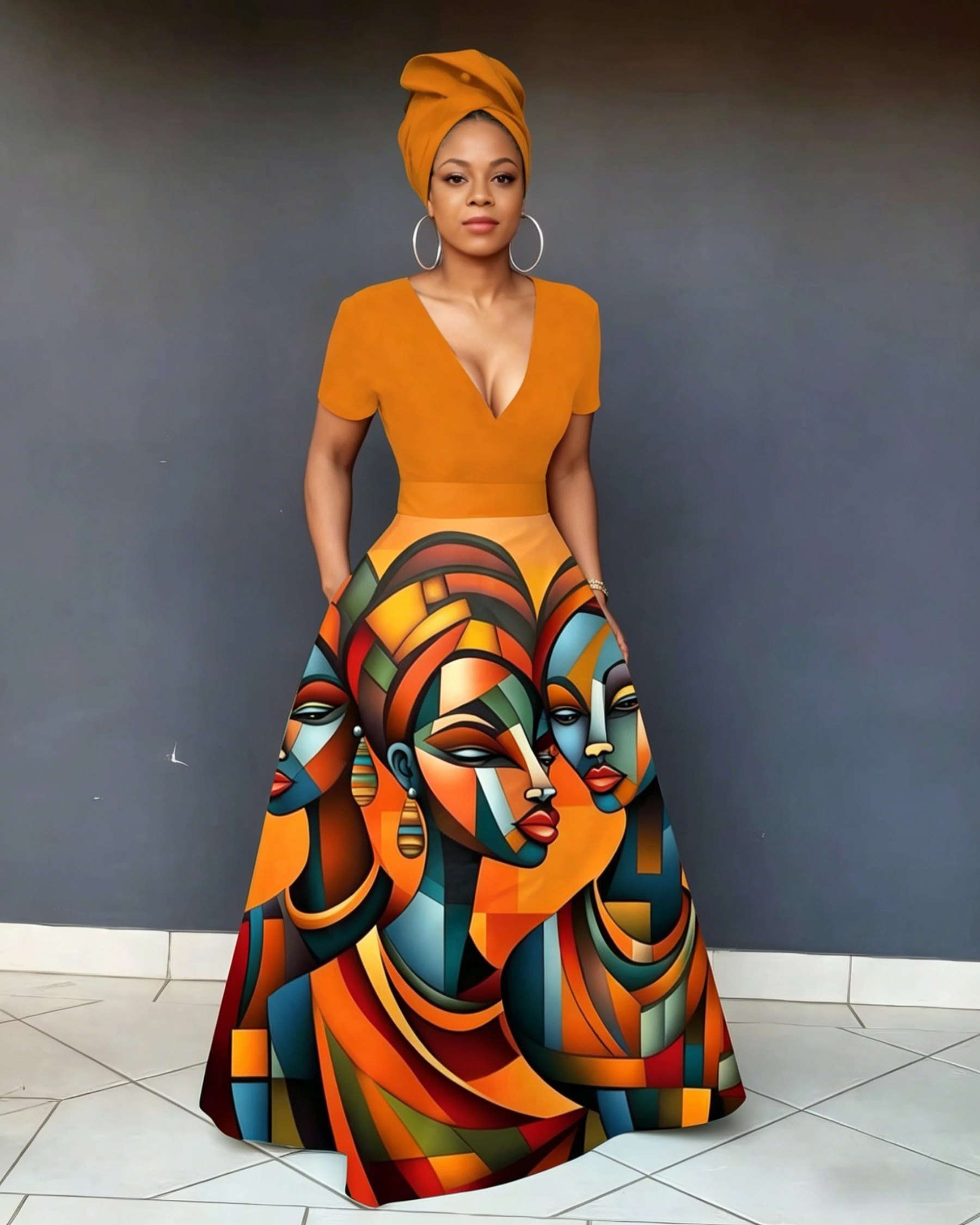 V Neck Striped Africa Map Print Short Sleeve Maxi Dress