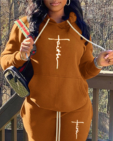 Simple Faith Print Hooded Long Sleeve Two Pieces