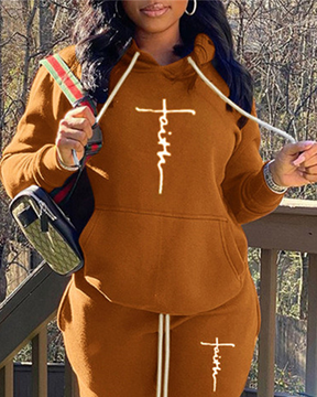 Simple Faith Print Hooded Long Sleeve Two Pieces