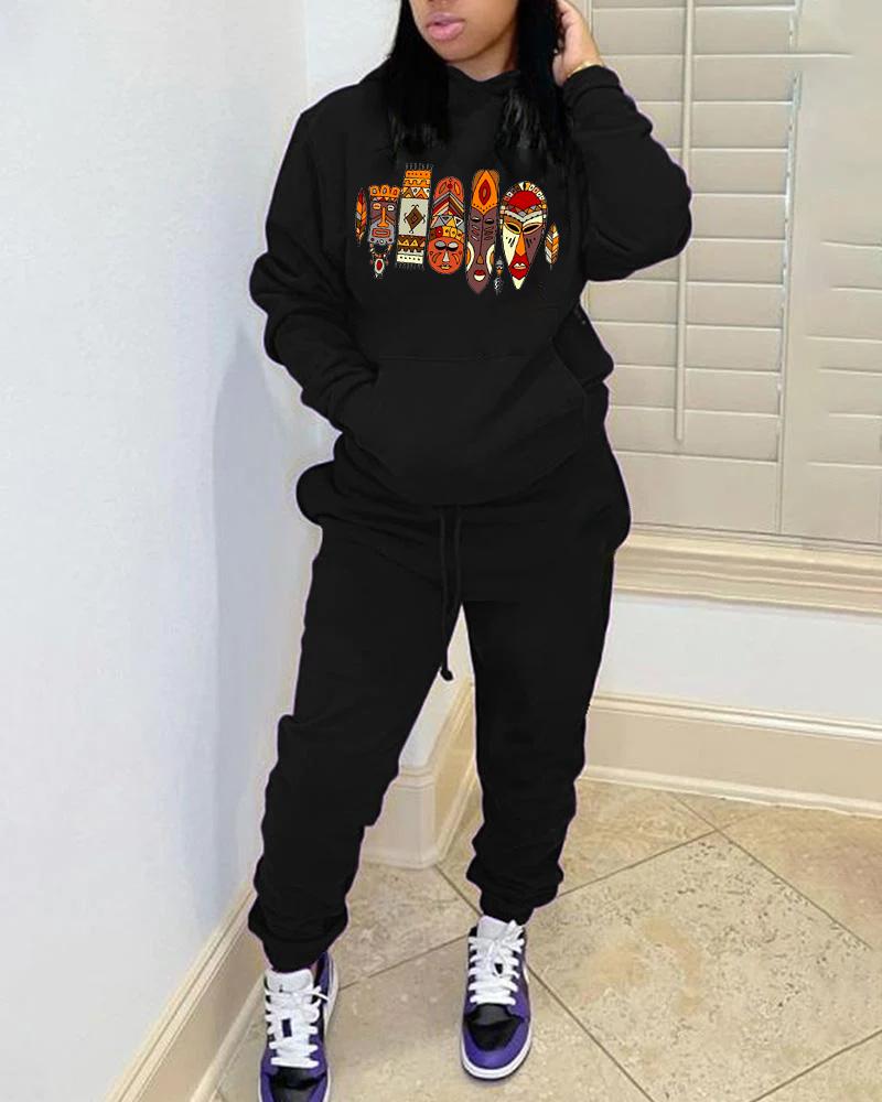 Hooded black Indian print women's sweatshirt suit