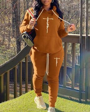 Simple Faith Print Hooded Long Sleeve Two Pieces