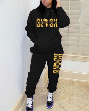 Fashion black alphabet print hoodie ladies suit